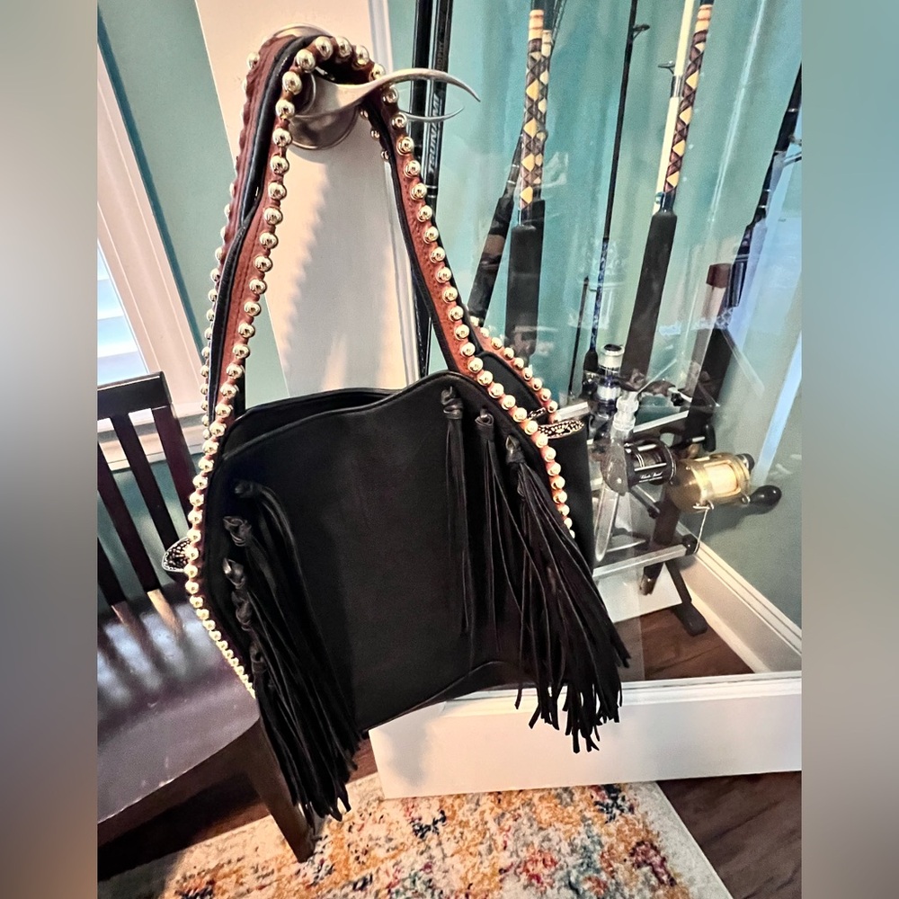 Big Buddha Black Fringe Bag with Pearl Studded Strap